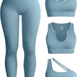 oqq womens 4 piece workout outfits ribbed yoga high waist leggings with 3 piece crop tops with sports bra exercise set